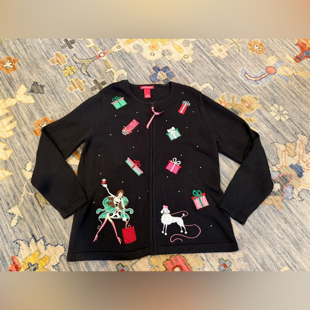 Merry & Bright Christmas Cardigan Beaded Embroidered Zip Sweater Size Large